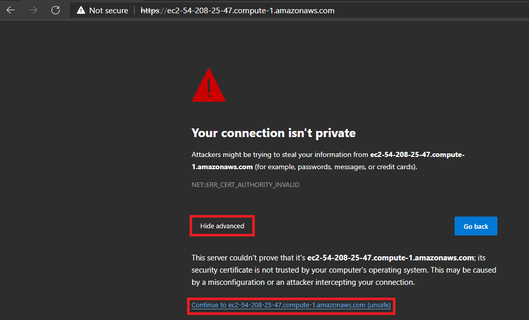 Select &lsquo;advanced&rsquo; to bypass the warning that the page is not secure